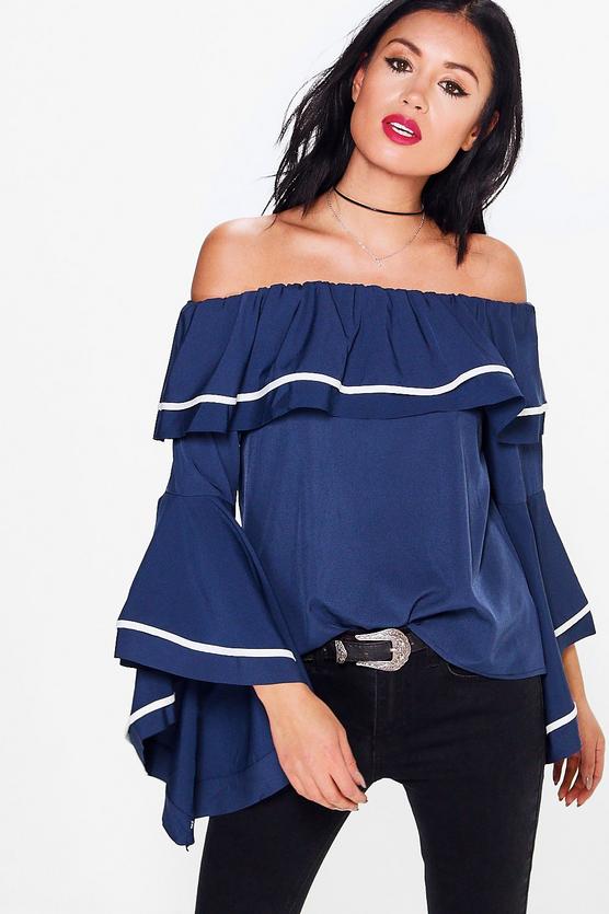 Hannah Flute Sleeve Piped Bardot Top